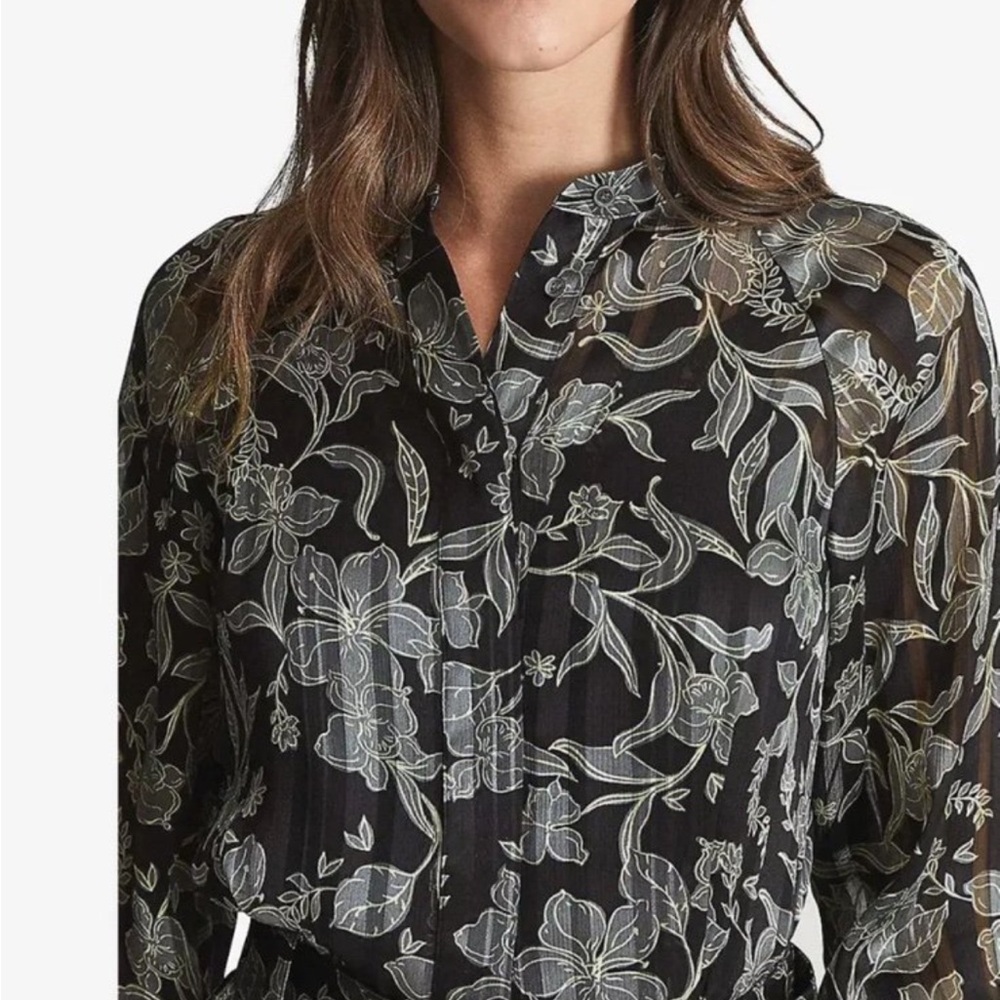 Reiss Larissa Black Floral Long Sleeve Belted Mini Dress - Picture 5 of 11